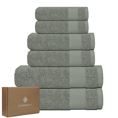 BIOWEAVES Organic Cotton Bath Towel Set - Soft, Absorbent, GOTS Certified - 6-Piece, Sage