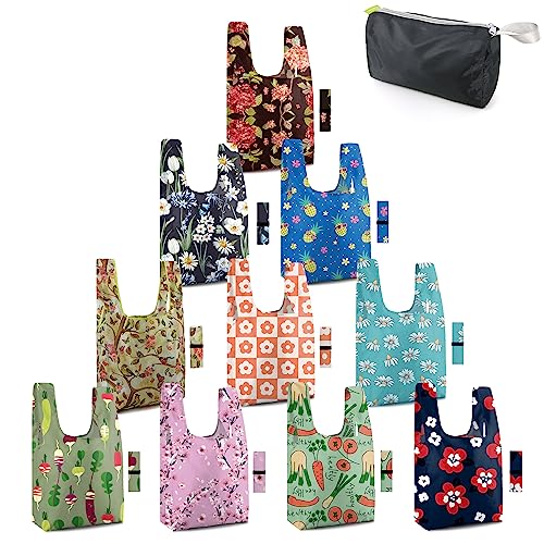 BeeGreen Reusable Grocery Tote Bags - Durable, Lightweight, 10 Pack Flower Design - 50 lbs Capacity