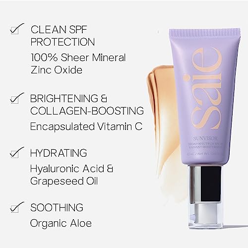 Saie Sunvisor Broad Spectrum Sunscreen SPF 35 - Hydrating, Mineral Zinc, Vitamin C - 1.35 fl oz