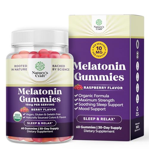 Natures Craft Organic Melatonin Gummies - 10mg Sleep Support, Non-GMO, Vegan - 30 Count