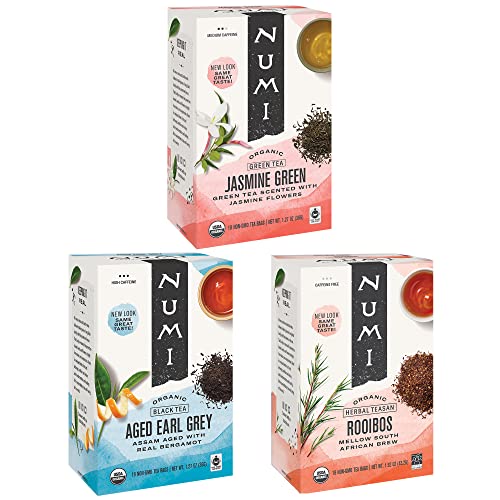 Numi Organic Tea Variety Pack - Premium Jasmine Green, Aged Earl Grey & Rooibos - 54 Tea Bags