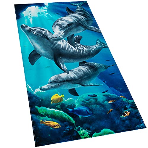 Softerry Dolphins Beach Towel - Quick-Drying, Oeko-Tex Certified, Soft Cotton, 30x60 inch