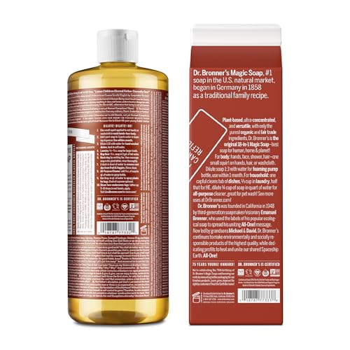 Dr. Bronner's Pure-Castile Liquid Soap - Organic, Non-GMO, Versatile Uses, 82% Less Plastic - 32oz