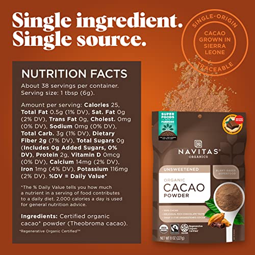 Navitas Organics Cacao Powder - Regenerative Organic, Fair Trade, Nutrient-Rich - 8oz Bag