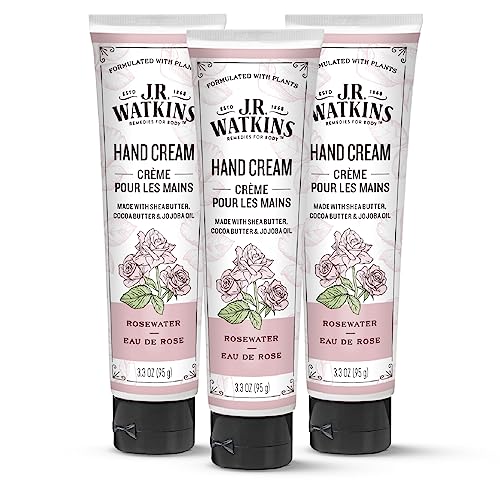 J.R. Watkins Hand Cream - Hydrating Shea & Cocoa Butter, Cruelty-Free, Rosewater - 3.3oz, 3 Pack