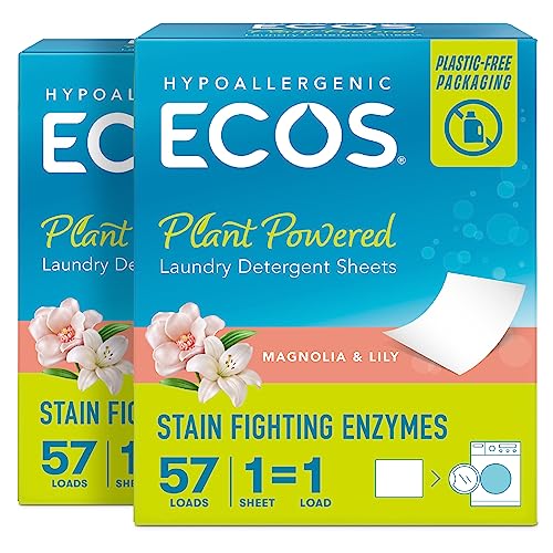 ECOS Laundry Detergent Sheets - Vegan, Hypoallergenic, Plant-Powered - Magnolia & Lily, 57 Count