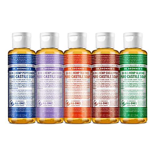 Dr. Bronner's Body Soap Variety Pack - Organic Oils, 18-in-1 Uses, 4 oz each - 5 Scents