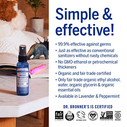 Dr. Bronner's Organic Hand Sanitizer Spray - Cleans & Moisturizes, No Harsh Chemicals - 2oz, 6-Pack