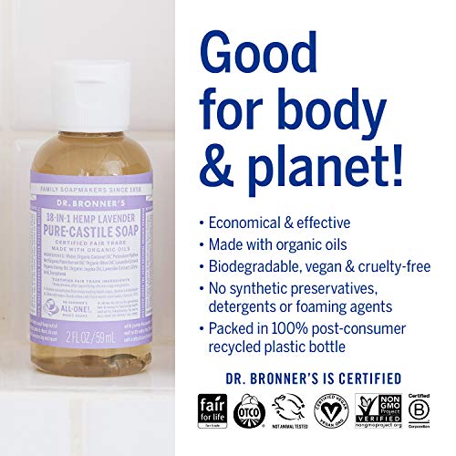 Dr. Bronner's Body Soap - Organic Oils, Vegan, 18-in-1 Uses, Lavender - 2oz Concentrate