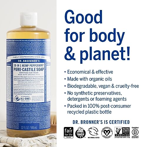 Dr. Bronner's Pure-Castile Liquid Soap - Organic Oils, 18-in-1 Uses, Concentrated, Vegan - 32oz