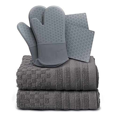 Cosy House Kitchen Linens Set - Ultra-Absorbent Cotton, Heat Resistant - 6-Piece, Grey