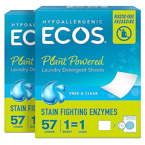 ECOS Laundry Detergent Sheets - Hypoallergenic, Plant-Powered, Mess-Free - 57 Sheets (Pack of 2)