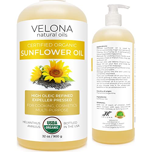 velona USDA Organic Sunflower Oil - 100% Pure, High Oleic, Moisturizing for Hair & Skin - 32 fl oz