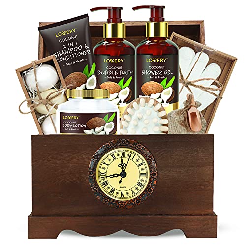 Lovery Bath and Body Set - Coconut Fragrance, Natural Ingredients, Vintage Clock Box - 13 Pieces