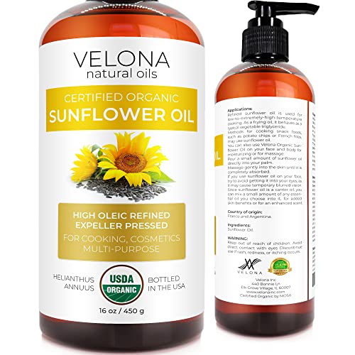 Velona USDA Certified Organic Sunflower Oil - Moisturizing, Hair Shine Boost - 16 fl oz