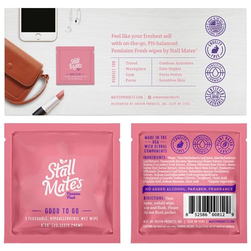 Stall Mates Adult Hygienic Wipes - PH-Balanced & Hypoallergenic, Flushable, Unscented - 30 Singles