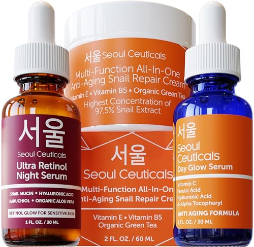 SeoulCeuticals Anti-Aging Skin Care Set - Retinol, Vitamin C, Snail Cream, 3 Products