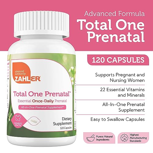 Zahler Total One Prenatal Vitamins - 22 Essential Nutrients, Gentle on Stomach - 120 Capsules