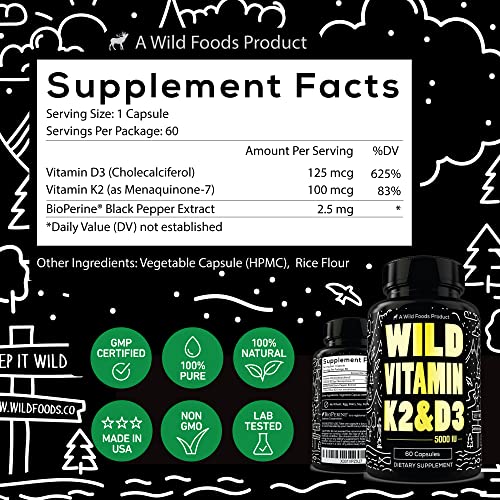 Wild Foods 5000iu Vitamin D3 + K2 with Black Pepper - Bone Health, Non-GMO, 60 Capsules