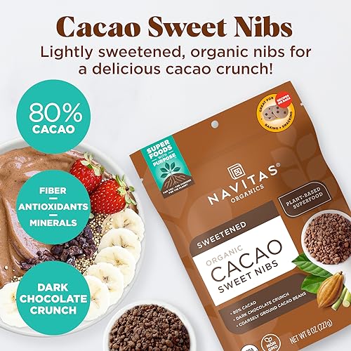 Navitas Organics Superfood Cacao Sweet Nibs - Antioxidant-Rich, Organic & Non-GMO - 8oz