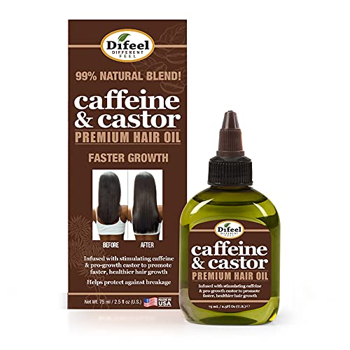 Difeel Caffeine & Castor Hair Growth Oil - Promotes Faster Growth, 99% Natural, 2.5 oz