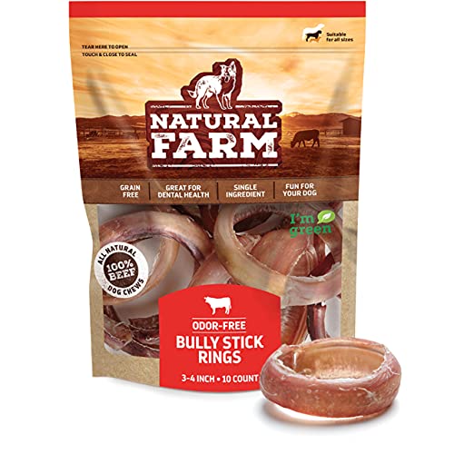 Natural Farm Dog Treats - 100% Beef, Grass-Fed, Non-GMO, Dental Care - 10 Pack, 3-4 Inch Rings