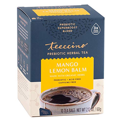 Teeccino Mango Lemon Balm Herbal Tea - Mood & Gut Health Booster, Vegan Prebiotics - 10 Bags