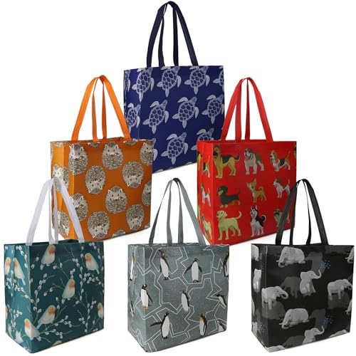 BeeGreen Reusable Grocery Tote Bags - Fun Animal Prints, Durable & Lightweight - 6 Pack