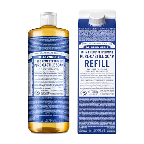 Dr. Bronner's Pure-Castile Liquid Soap - Certified Organic, 82% Less Plastic, Peppermint - 32oz