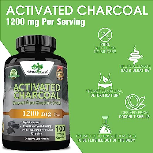 Activated Charcoal Capsules - 1,200 mg for Gas Relief & Detox, Vegan - 100 Count