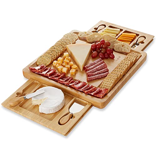 Casafield Bamboo Cheese Board Set - Natural Bamboo, Knife Set & Hidden Snack Trays - 14.25"