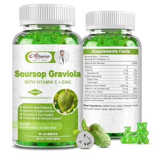 Alliwise Soursop Gummies - 2000mg Herbal Supplement for Immunity & Digestive Health - 60 Count