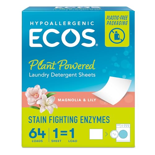 ECOS Laundry Detergent Sheets - Hypoallergenic, Plant-Powered, 64 Sheets, Magnolia & Lily