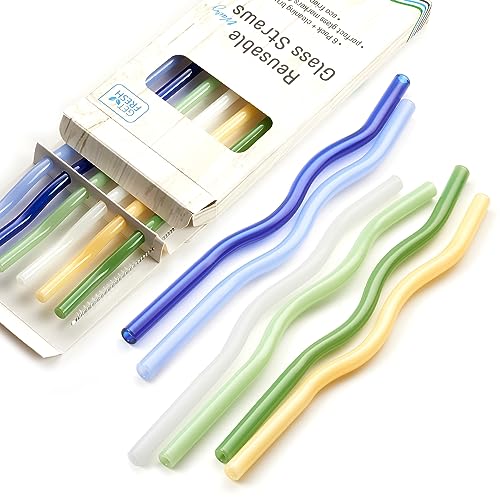 GET FRESH Reusable Wavy Glass Straws Set - Durable, Non-Toxic, Dishwasher Safe - 6pcs