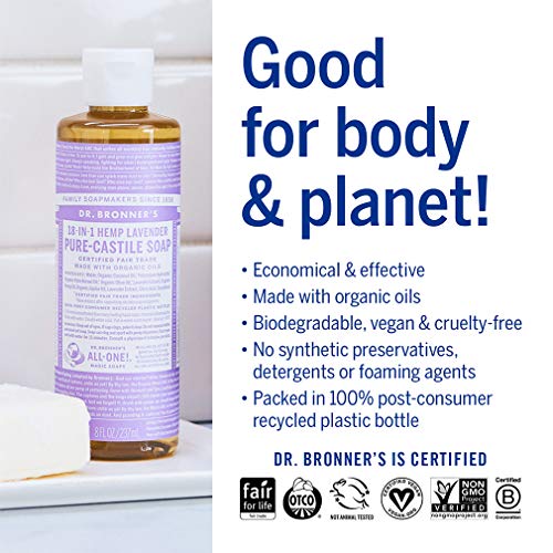 Dr. Bronner's Body Soap - Organic Oils, 18-in-1 Uses, Vegan, Non-GMO - Lavender, 8oz