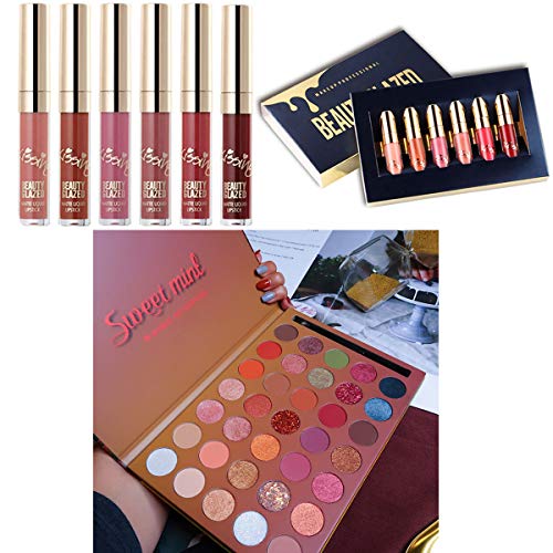 Pro Makeup Palette & Liquid Lipstick Set - 35 Vibrant Eyeshadows, Natural Moisturizing Lip Color