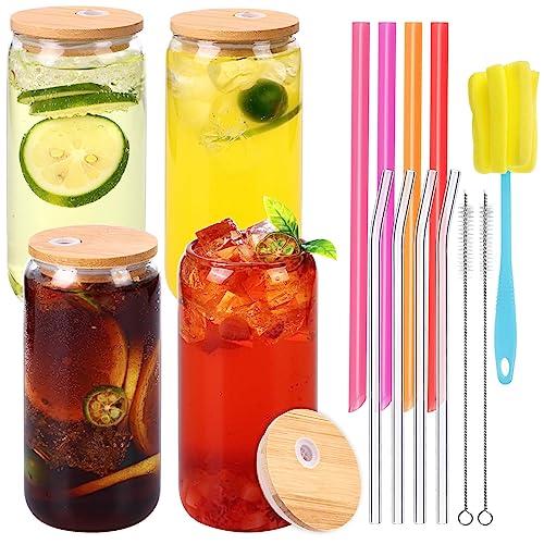 Moretoes 20oz Glass Cups Set - BPA Free, Reusable Straws, Bamboo Lids - 4 Pack for Drinks