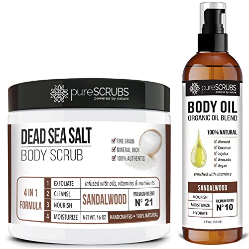 pureSCRUBS Sandalwood Body Scrub & Oil Bundle - Nourishes, Exfoliates, Aromatic - 12oz