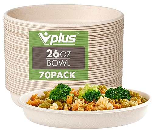 Vplus 70 Pack 26 OZ Paper Bowls - Durable, Compostable, Leak-Resistant for Hot/Cold Foods