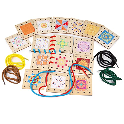 Bigjigs Toys Lacing Tiles - Develop Fine Motor Skills, Safe Non-Toxic Wooden Toy - 16 Tiles