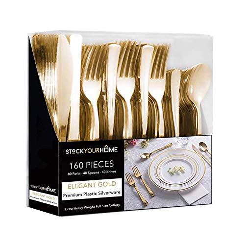 Gold Plastic Silverware Set - Heavy Duty, BPA Free, Recyclable Cutlery for Events - 160 Pack