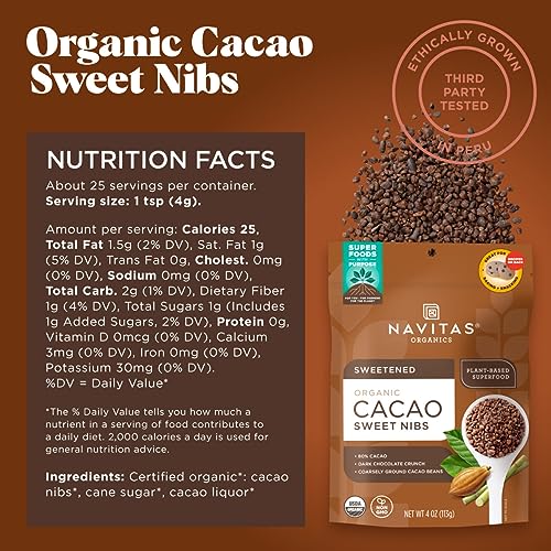 Navitas Organics Superfood Cacao Sweet Nibs - Antioxidant-Rich, Gluten-Free - 4oz Bag