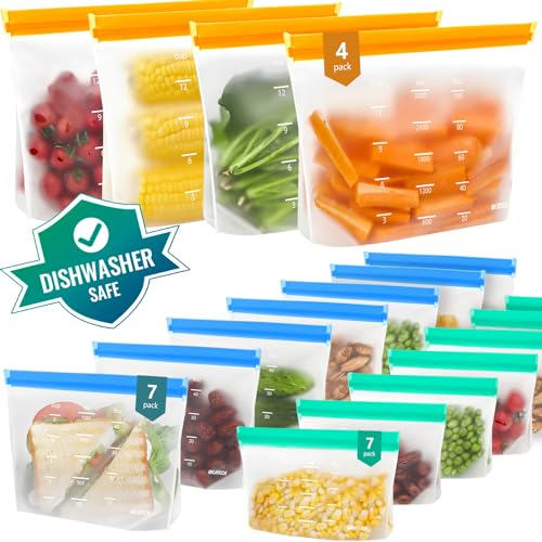 IDEATECH Reusable Food Storage Bags - Leakproof, Dishwasher Safe, Large Capacity, 18 Pack