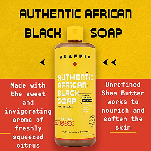 Alaffia Authentic African Black Soap - Detoxifying Body Wash & Facial Cleanser, Citrus Ginger - 32oz