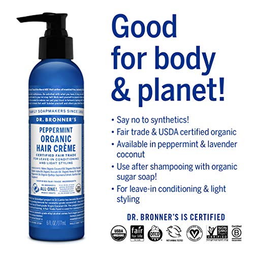 Dr. Bronner's Organic Hair Crème - Nourishing Leave-In Conditioner, Non-GMO, Peppermint - 6oz