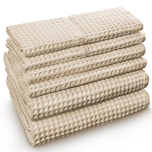 Softerry Waffle Weave Bath Towel Set - Quick Dry, 100% Organic Cotton - Set of 8, Natural