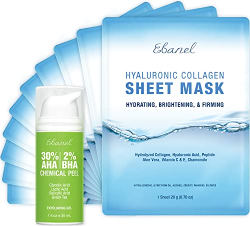 Ebanel Facial Peel & Collagen Mask Bundle - Reduces Scarring & Hydrates, 10 Pack - 30% AHA, 2% BHA