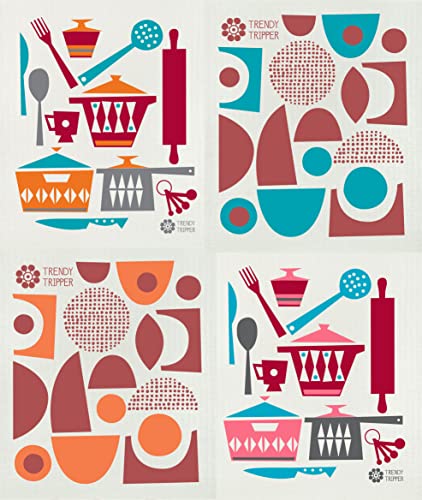 Trendy Tripper Jenn Ski Swedish Dish Cloths - Super Absorbent, Biodegradable Fabric - Set of 4