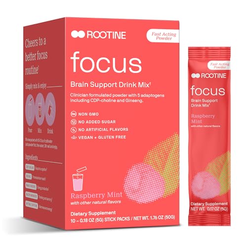 Rootine Focus Brain Supplement - Boost Clarity & Mood with Adaptogens, 10 Drink Mix Packets