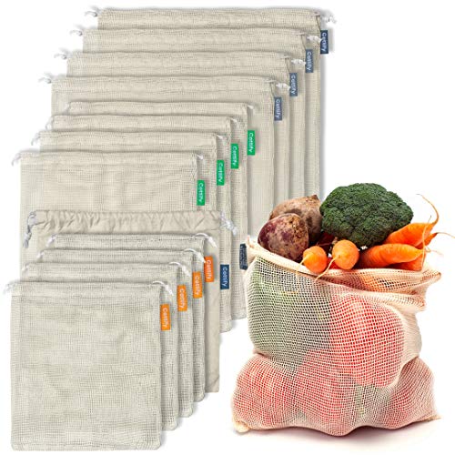 Organic Cotton Produce Bag Set - Lightweight, Washable, Color-Coded, Various Sizes - 13 Bags